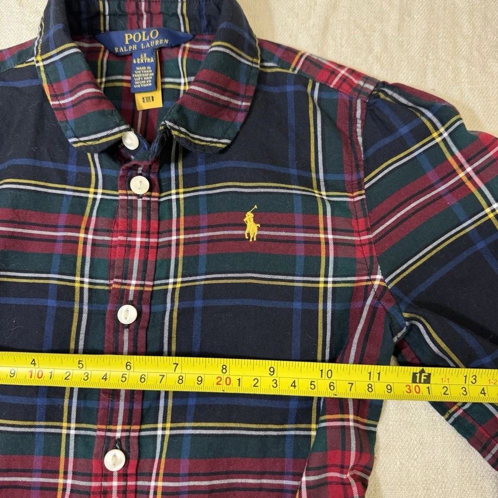Polo Ralph Lauren Girls Plaid Shirt Dress Red Blue Tartan Size 6X Holiday Xmas